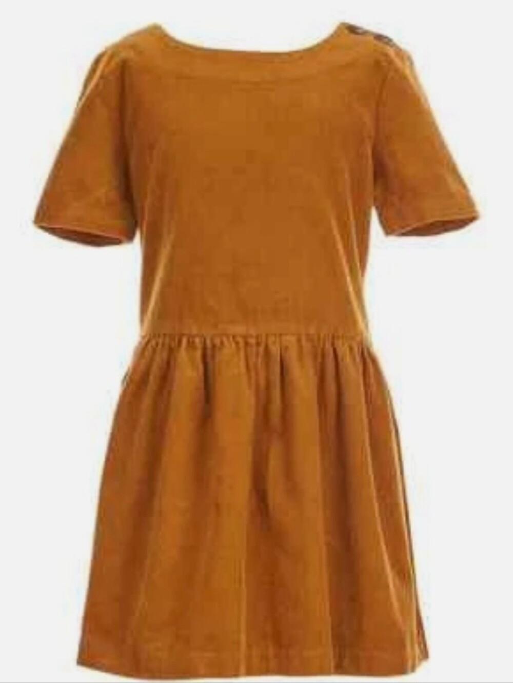Copper Key Corduroy Short-Sleeve Rust Brown Dress with Button Shoulder